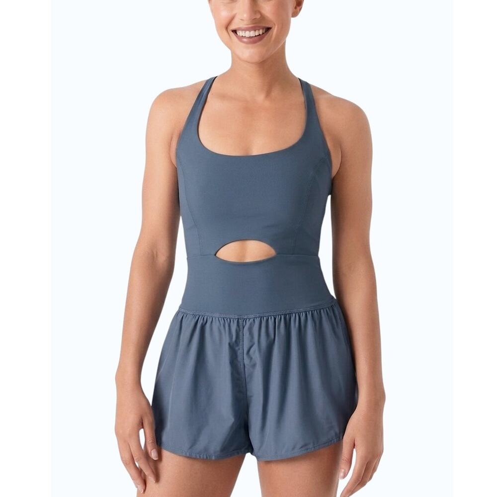 FP Movement Righteous Runsie Blue Active Romper Moisture Wicking Women XS NWT